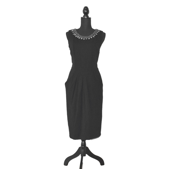 A8 Auth LAFAYETTE 148 Black Chain Trim W/Rhinestones Neckline Dress Sz 12 - Picture 1 of 7